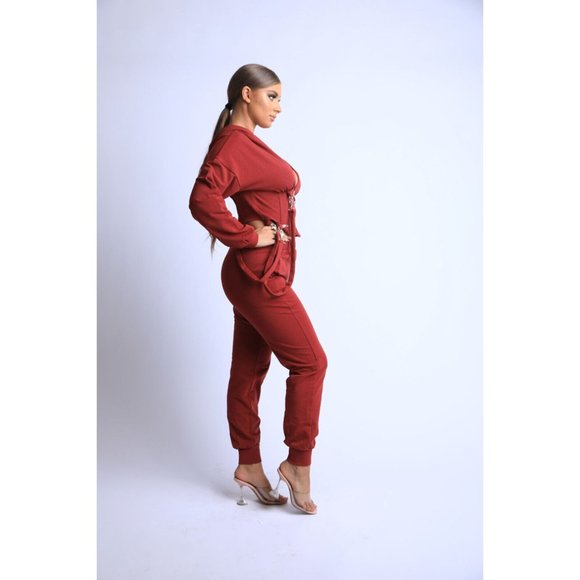 Women's Long Sleeve Zip-Up Strappy Terry Casual Hoodie Two-Piece Set Super Cute - Picture 7 of 12